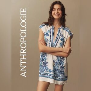 Maeve Anthropologie Embroidered Linen Tunic Dress White Blue Seashell